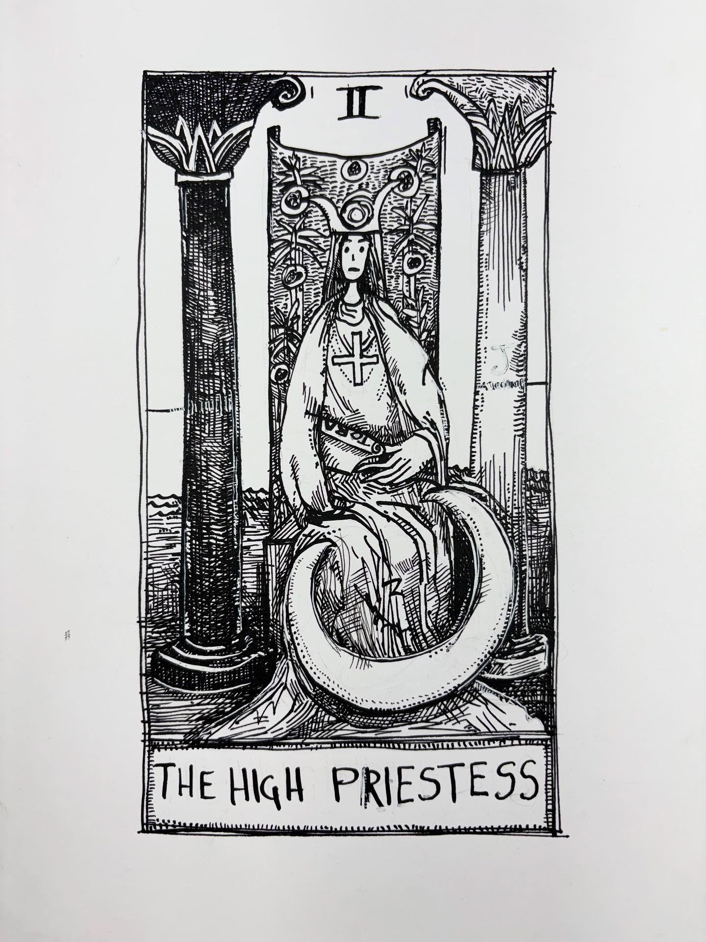 Ink drawing of a tarot card - The High Priestess