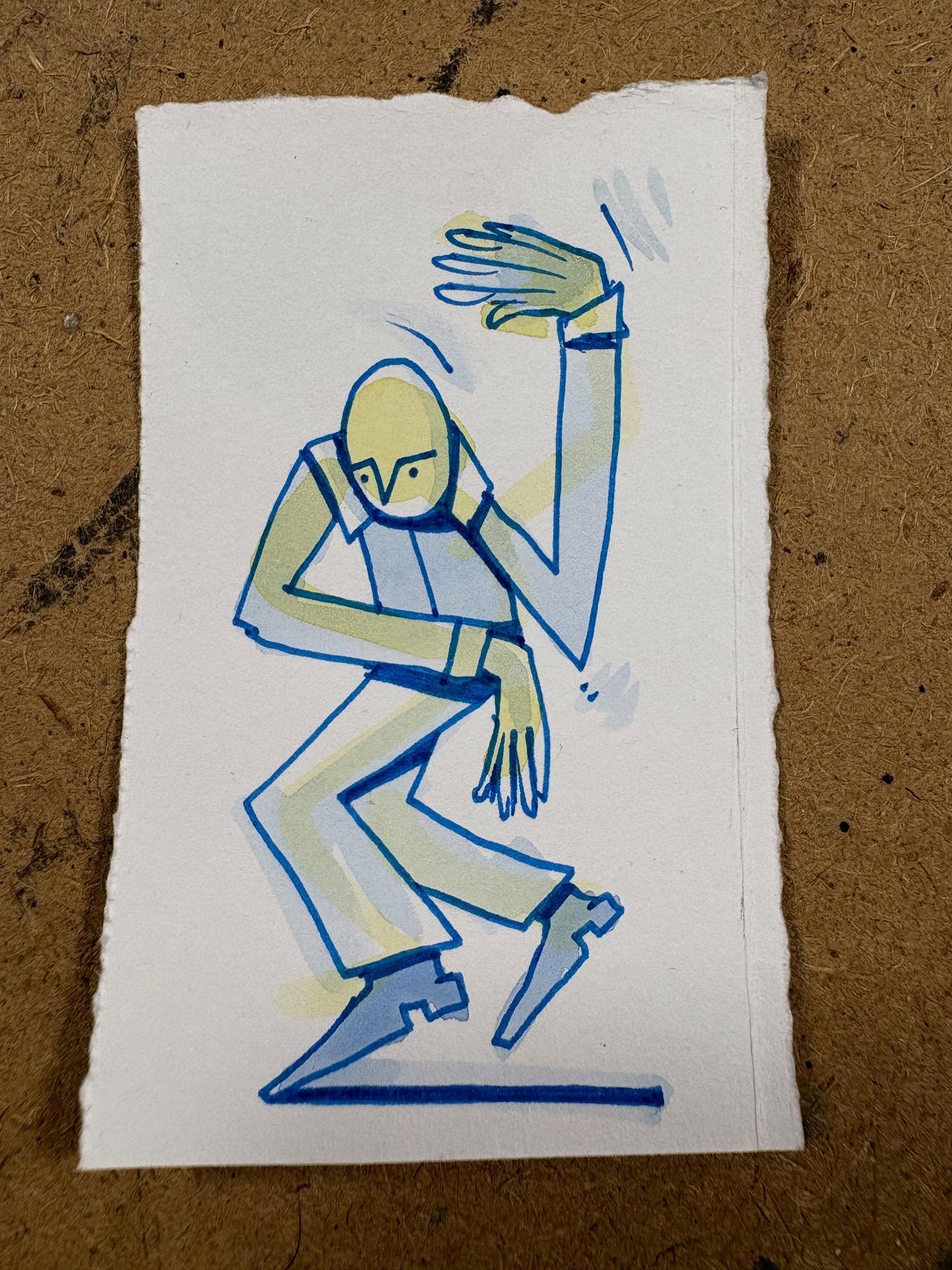 Blue ink and watercolor drawing of a human figure dancing