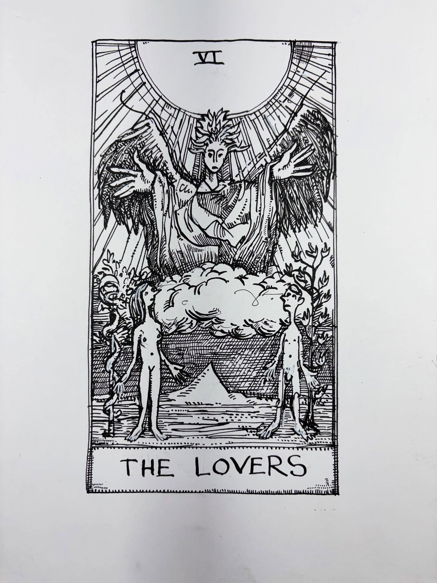 6 - The Lovers - Tarot Card ink drawing