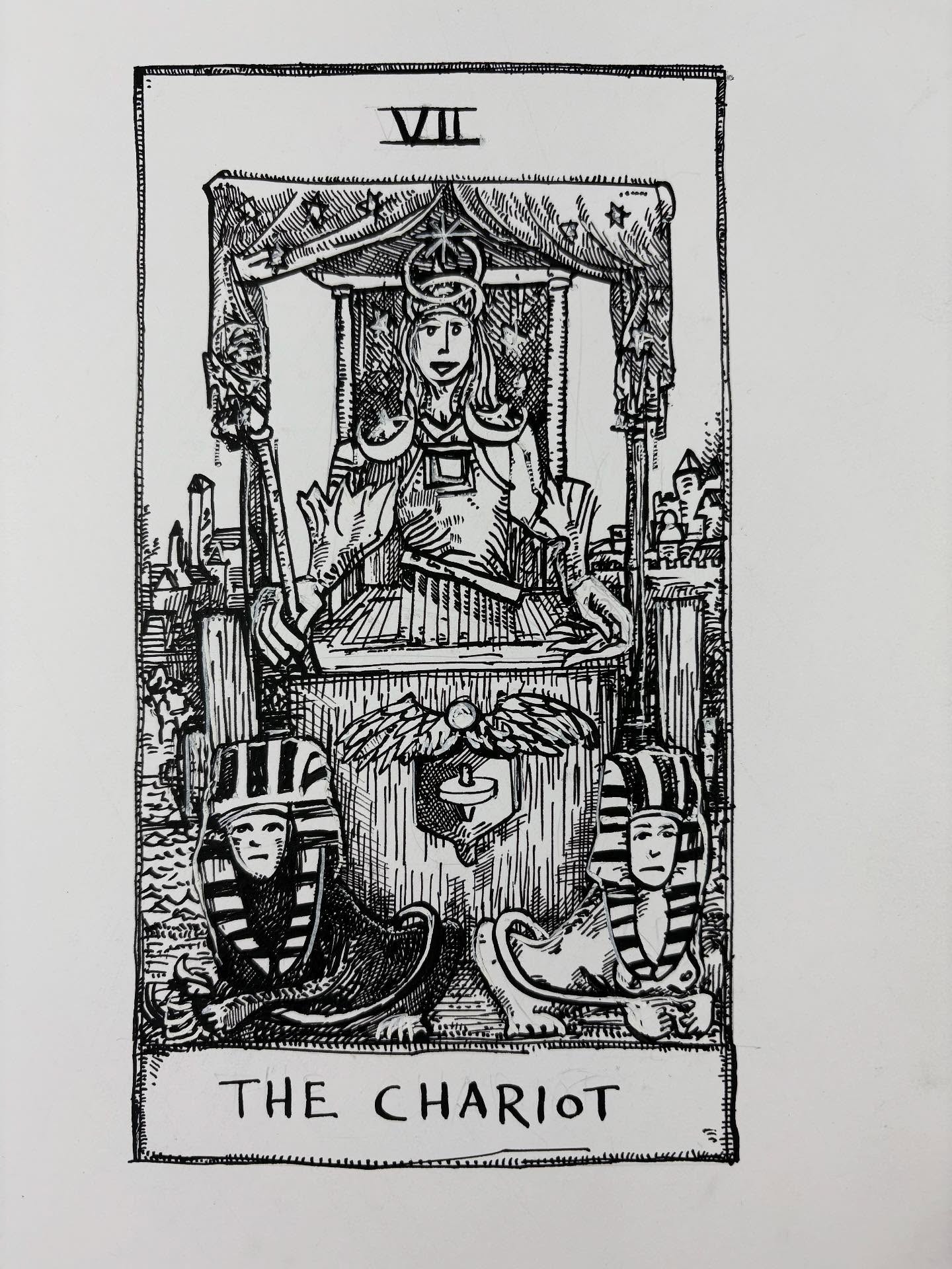 7 - The Chariot - Tarot Card ink drawing
