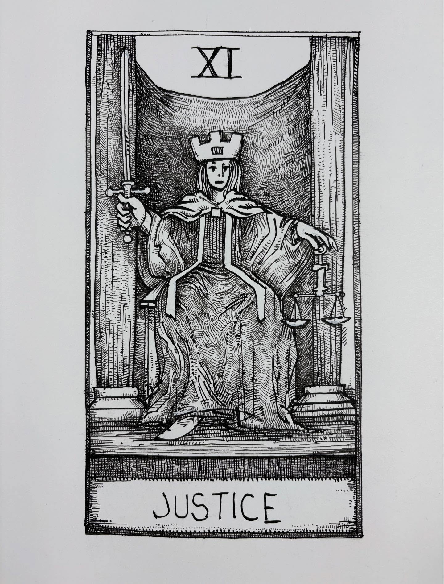 11 - Justice - Tarot Card ink drawing