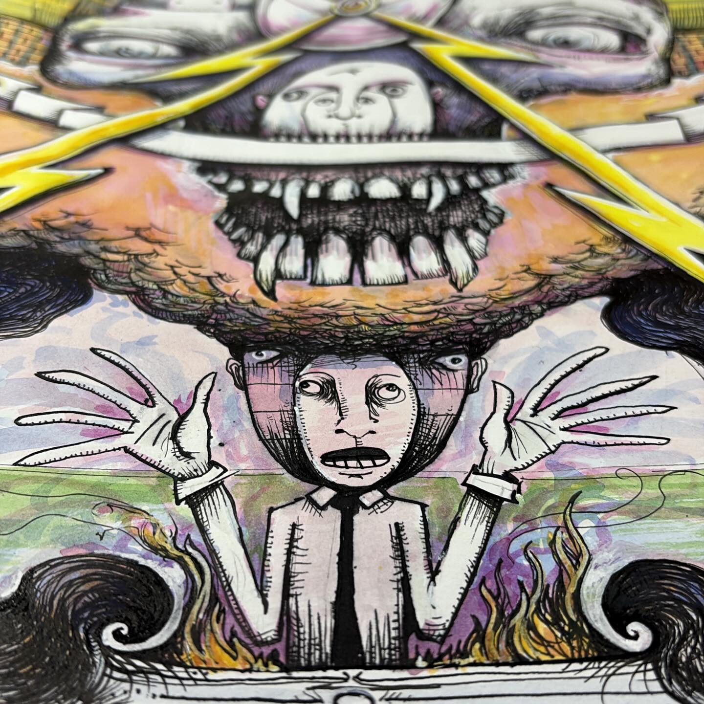 General Freakout detail - ink and watercolor drawing of a central figure with a background head and a floating skull situation above with lightning bolts