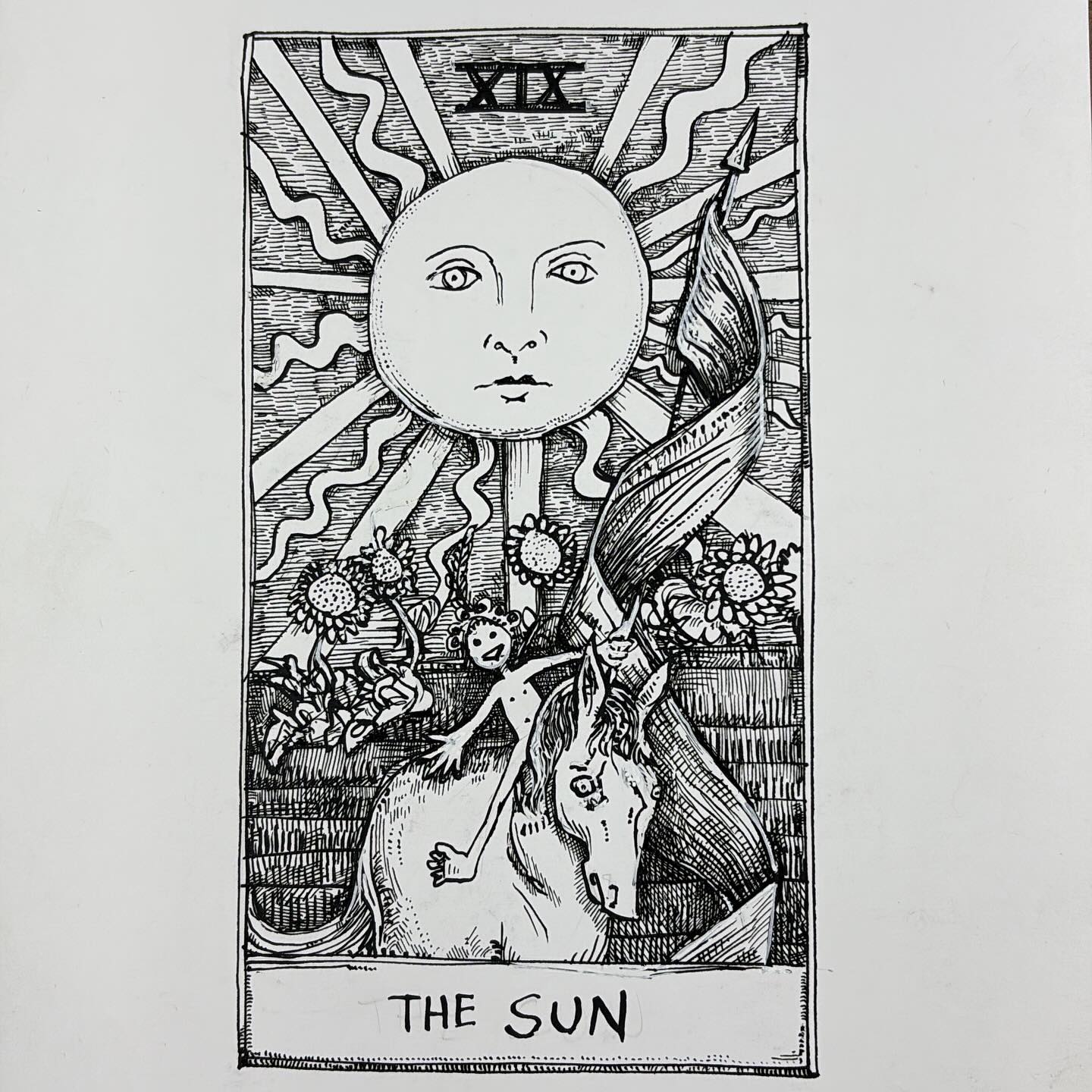 19 - The Sun - Tarot Card ink drawing