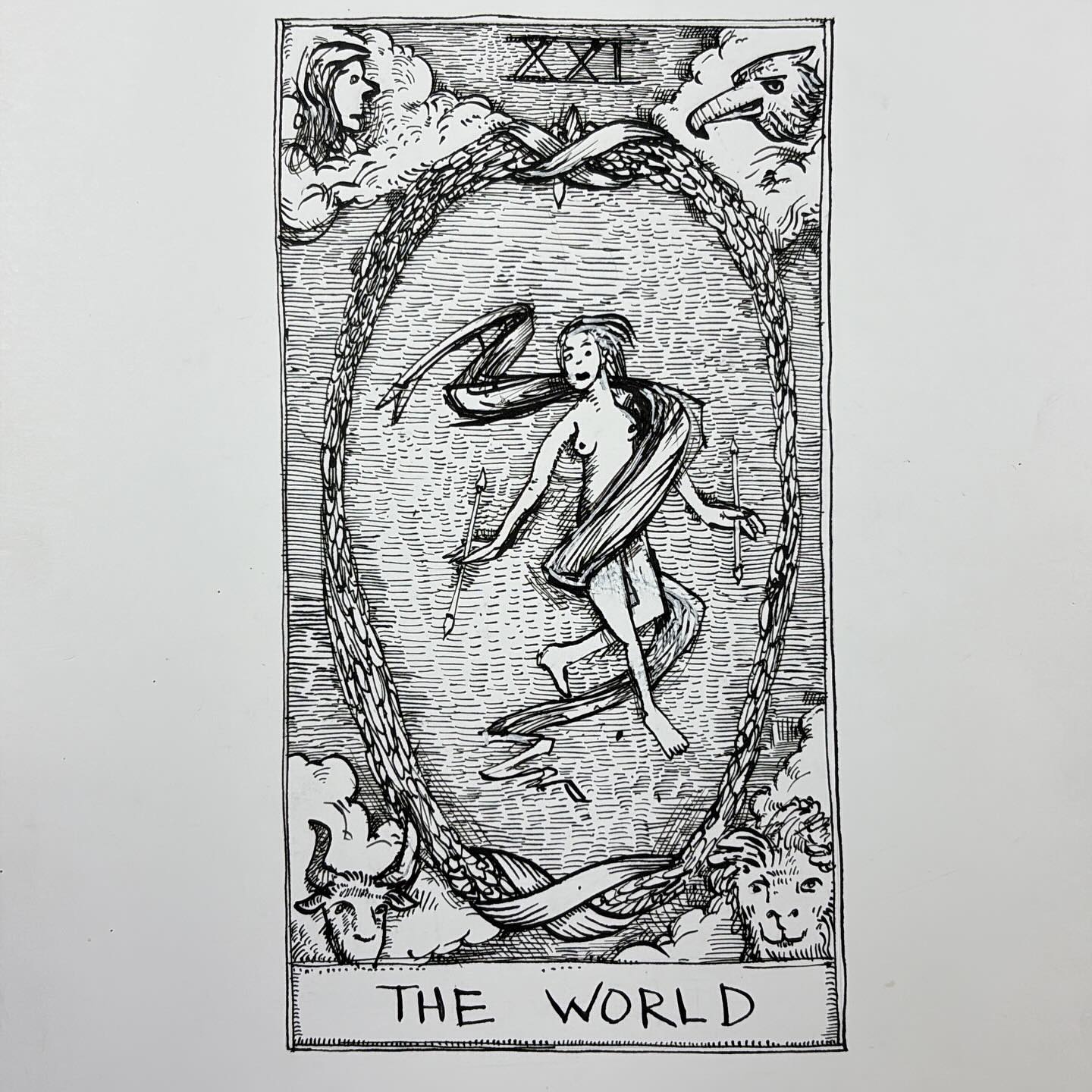 Ink drawing of a tarot card - The World