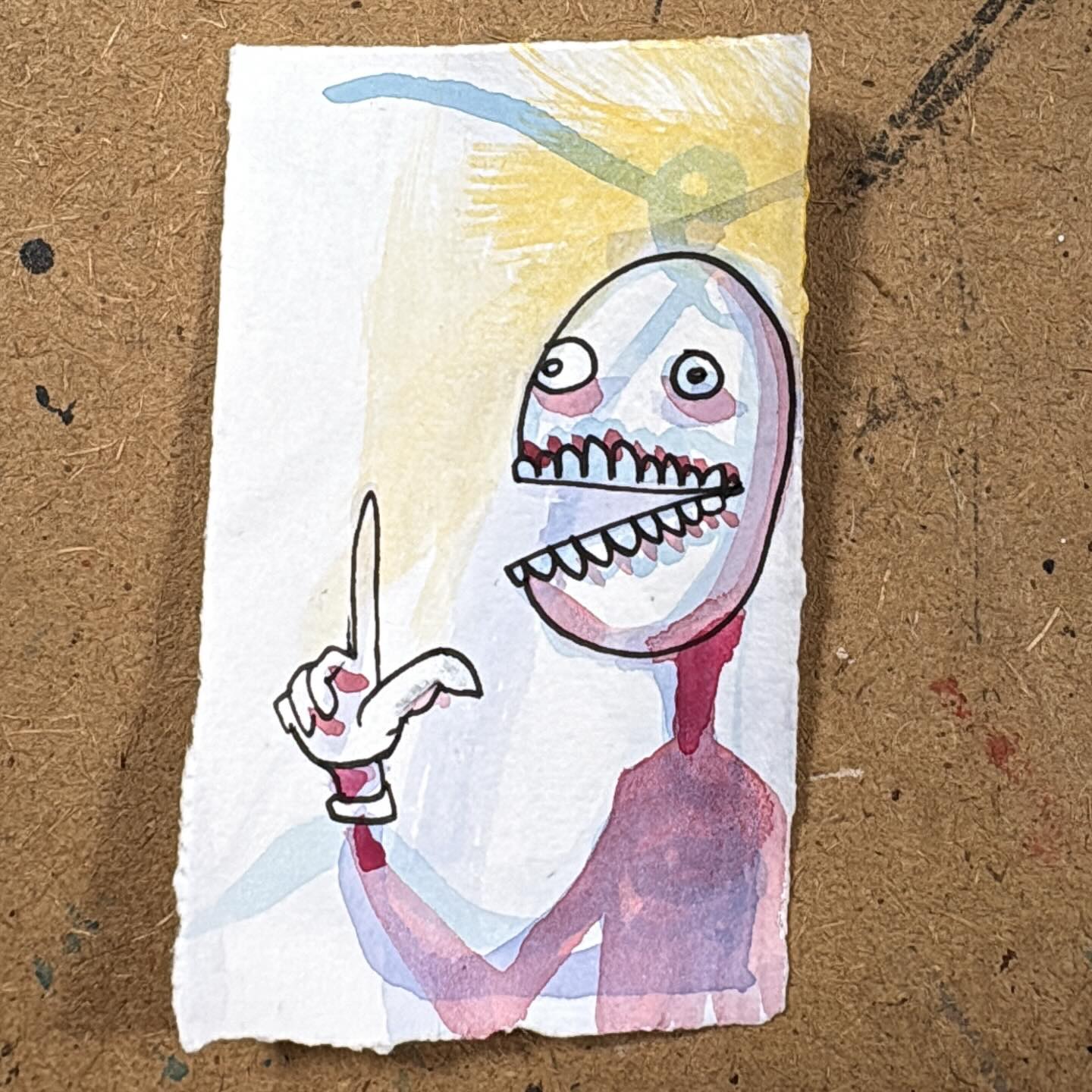 Watercolor and ink drawing of a figure pointing his finger like 'However'