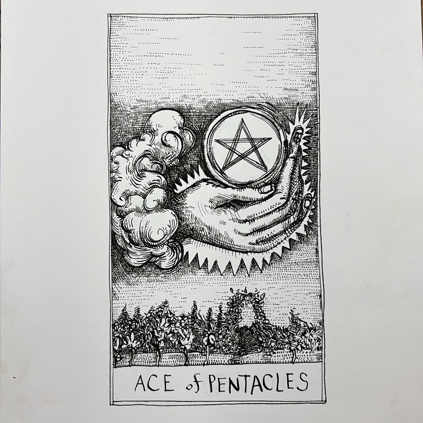 Ink drawing of a tarot card - Ace of Pentacles