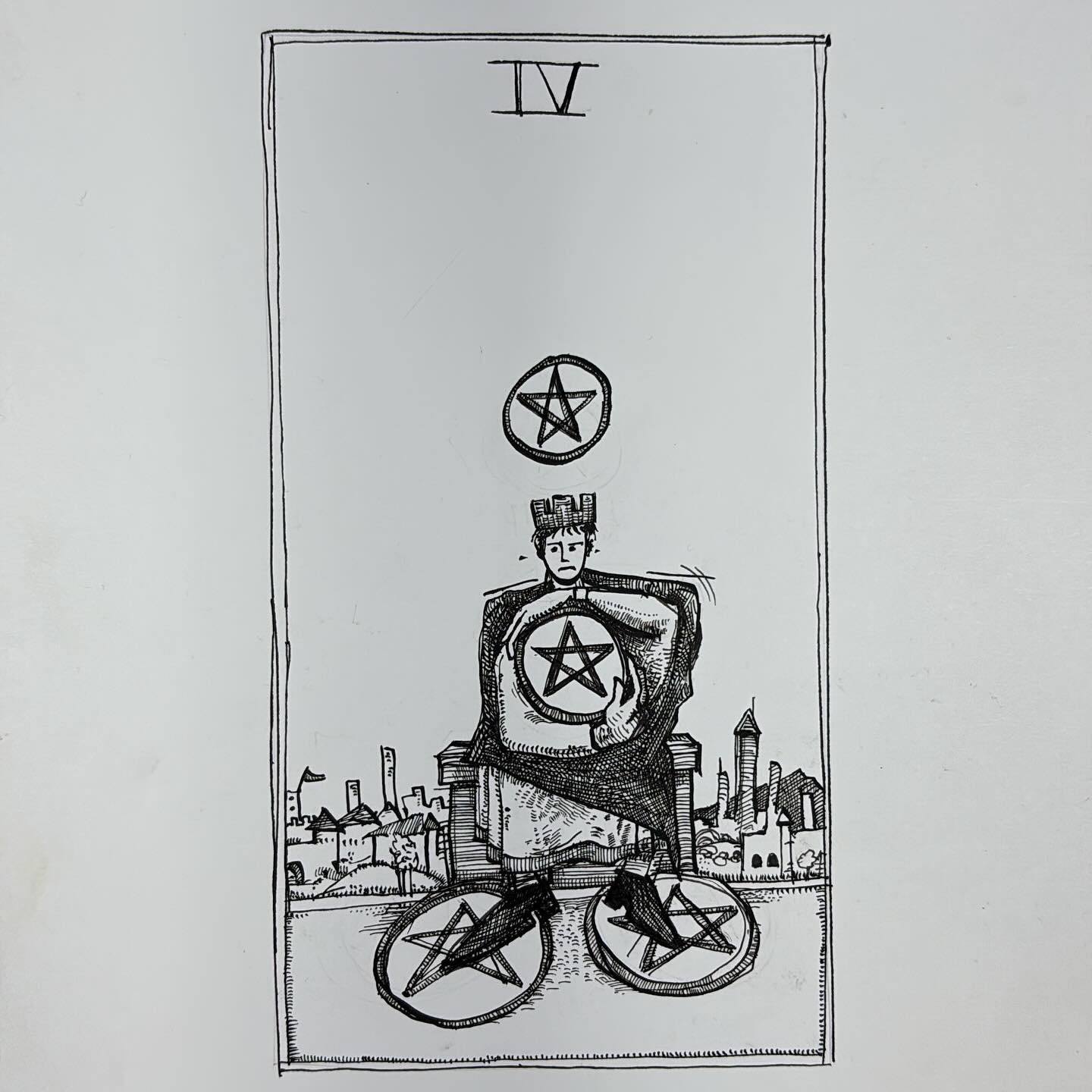 Ink drawing of a tarot card - Four of Pentacles