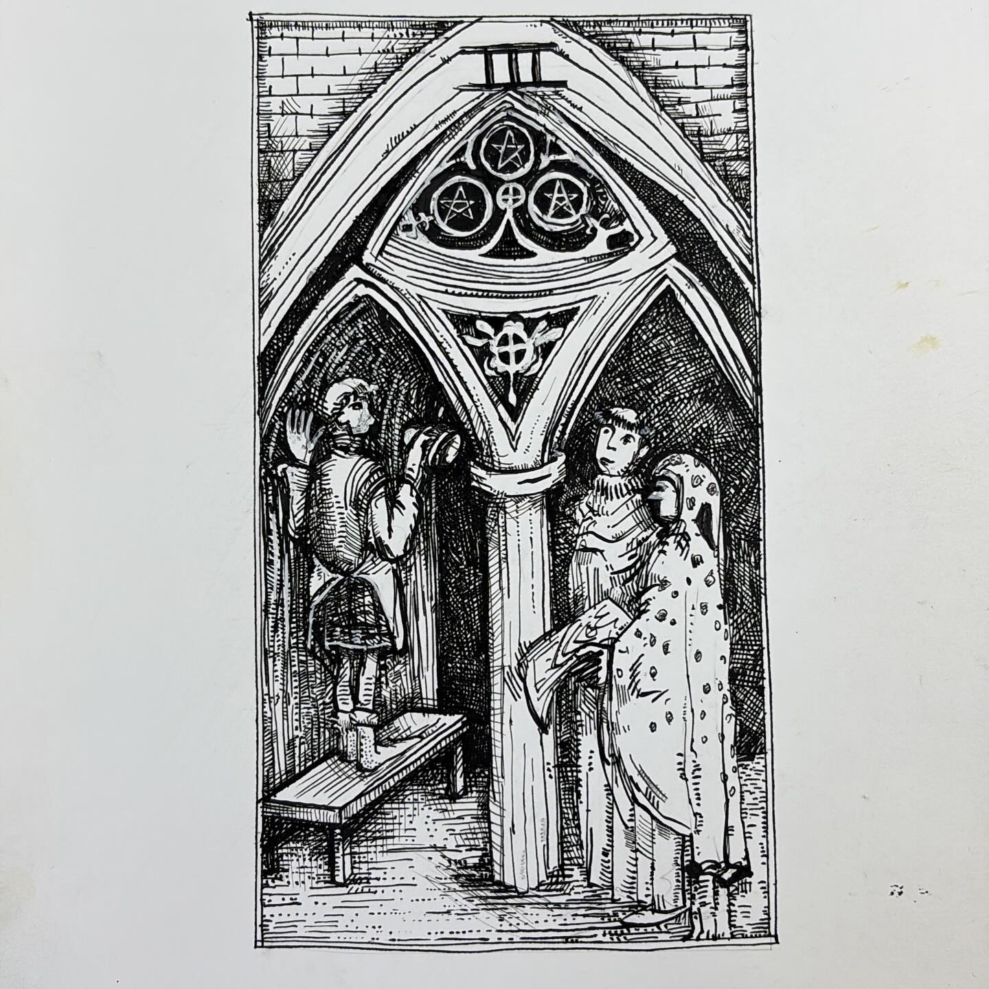 Ink drawing of a tarot card - Three of Pentacles