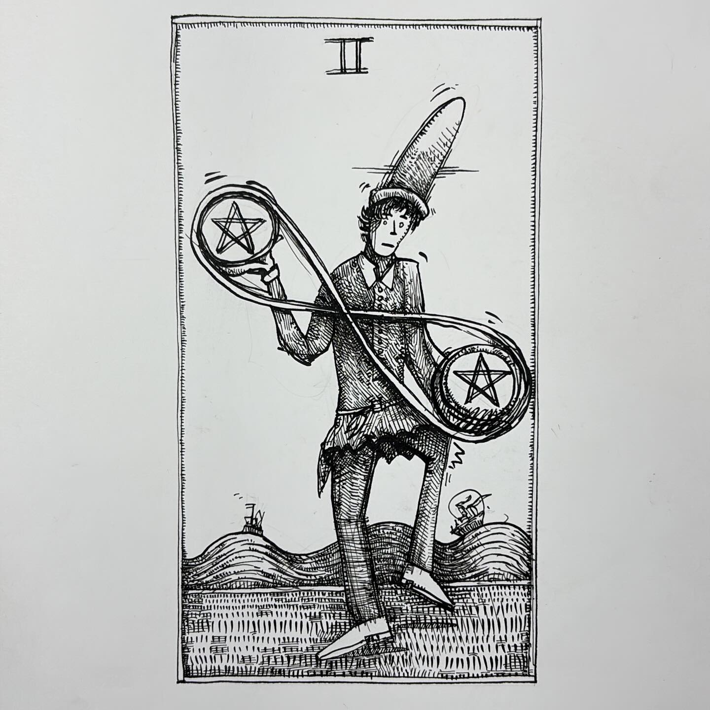 Ink drawing of a tarot card - Two of Pentacles