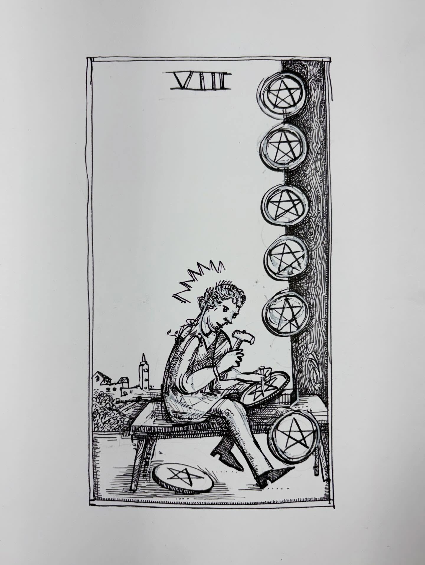 Ink drawing of a tarot card - Eight of Pentacles