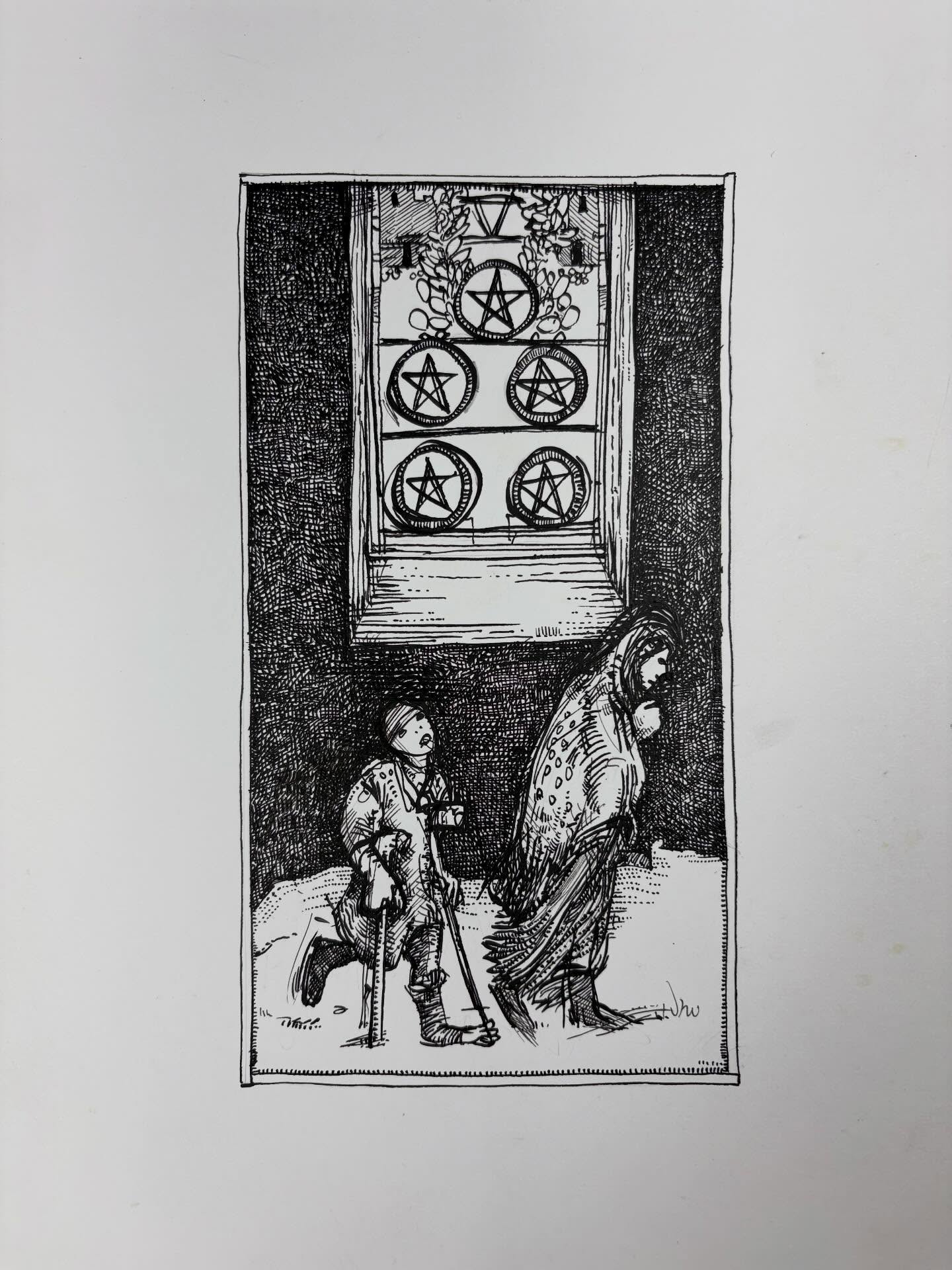 Ink drawing of a tarot card - Five of Pentacles