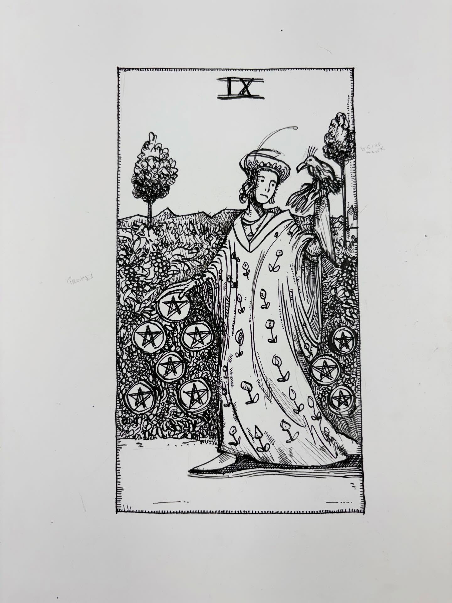 Ink drawing of a tarot card - Nine of Pentacles