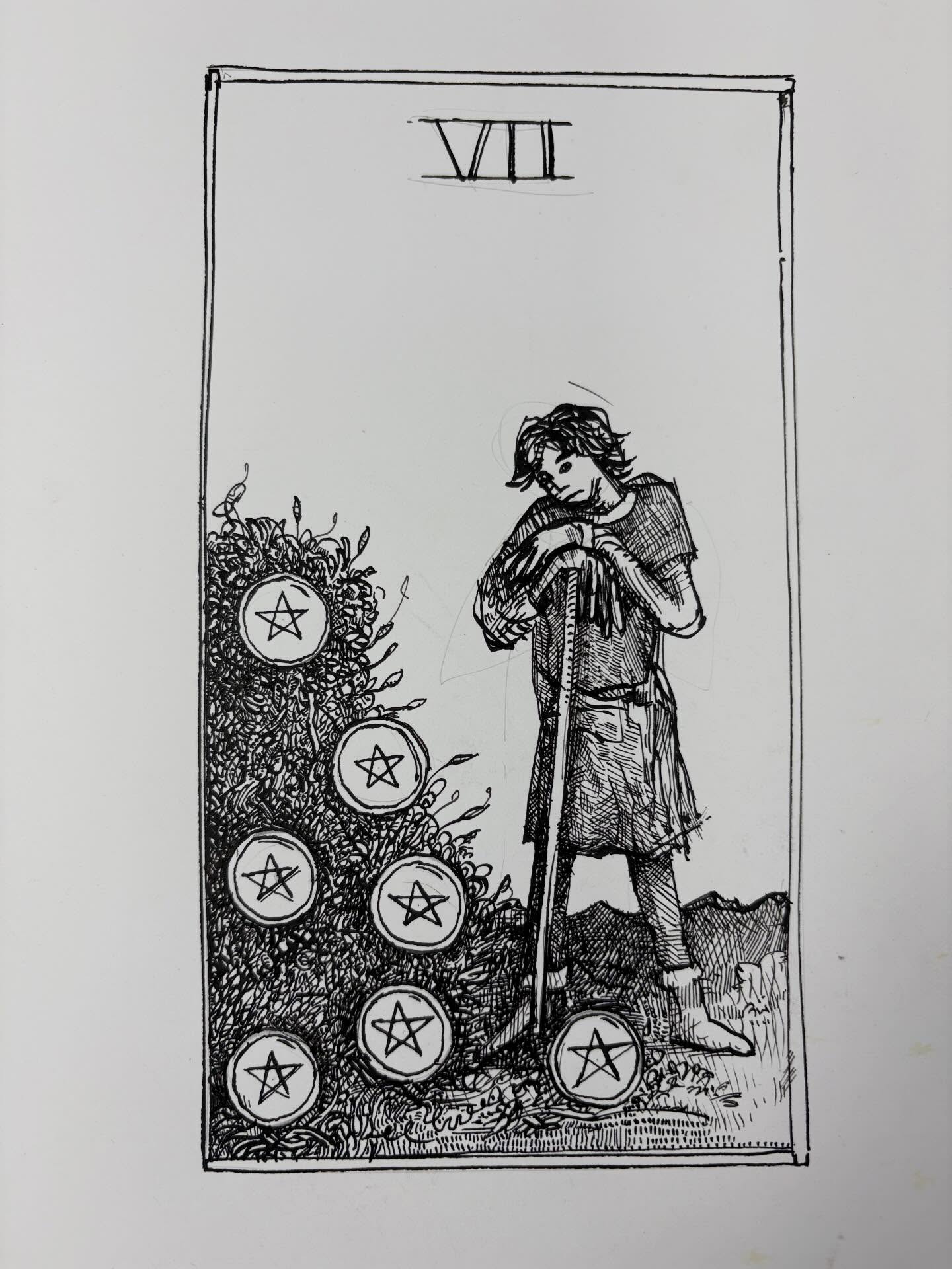 Ink drawing of a tarot card - Seven of Pentacles