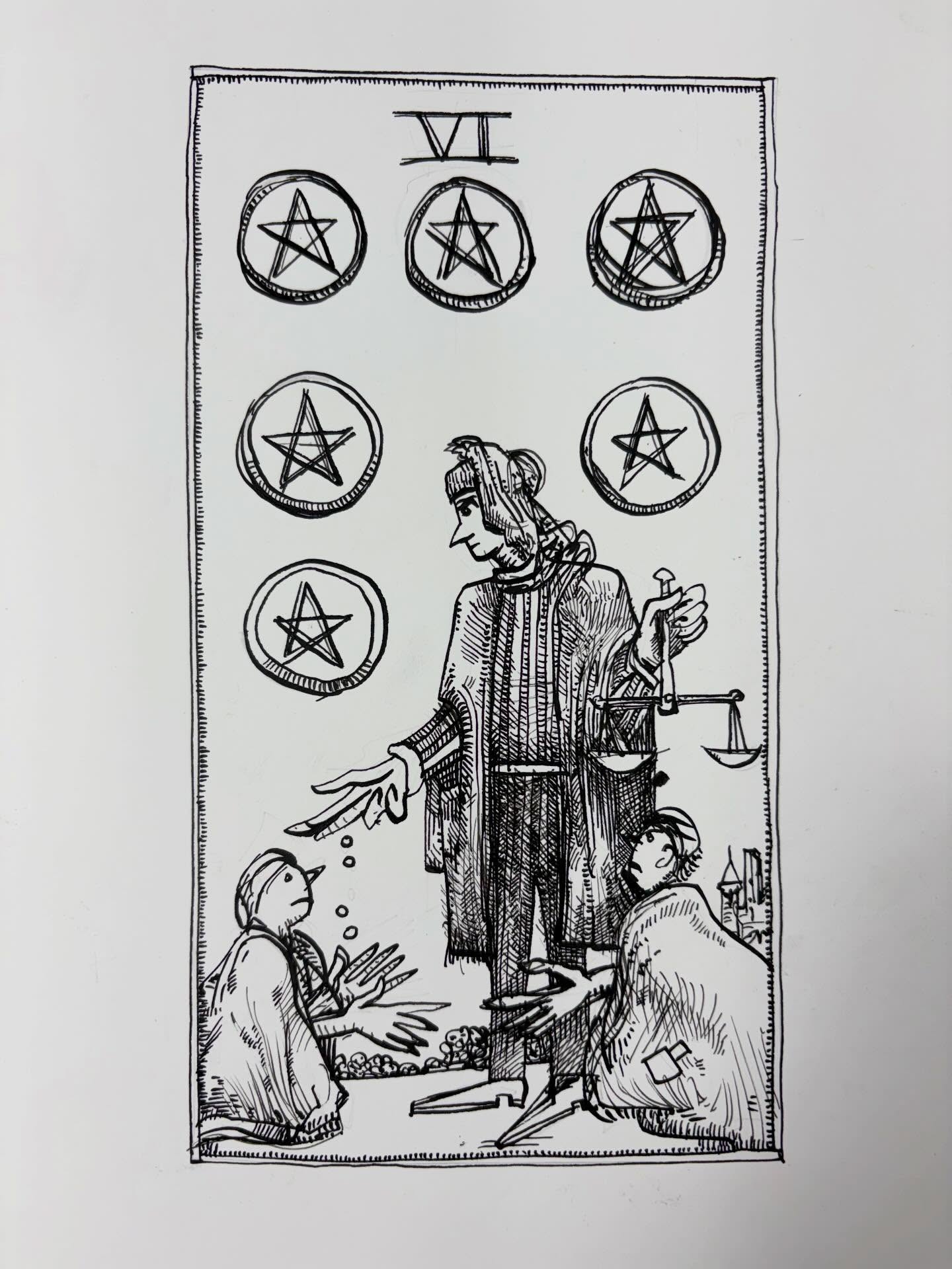Ink drawing of a tarot card - Six of Pentacles