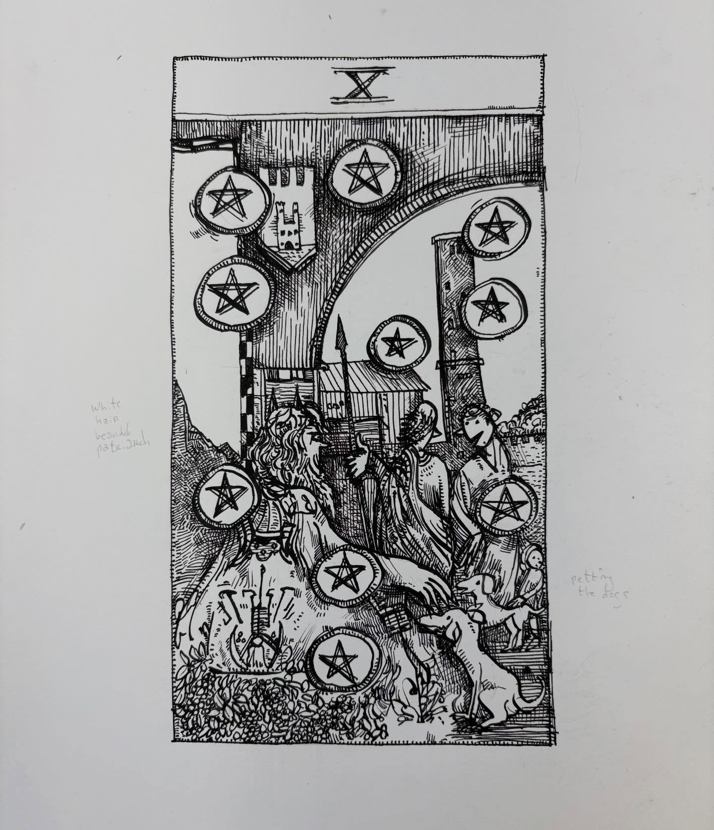 Ink drawing of a tarot card - Ten of Pentacles