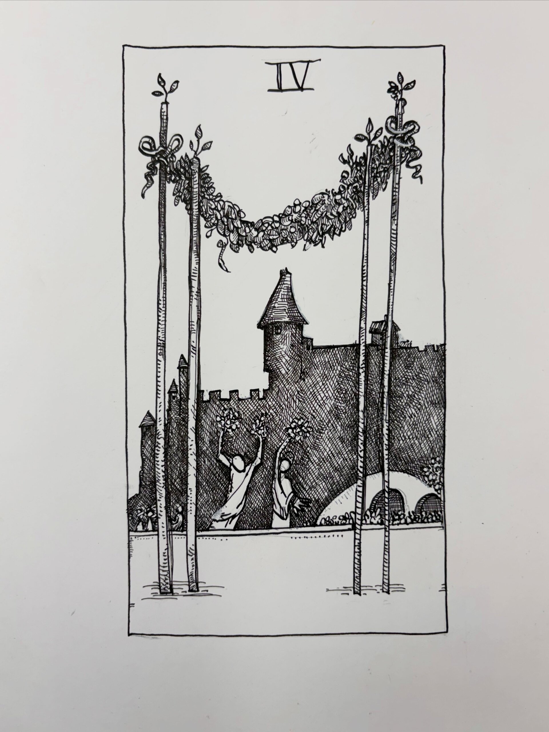Ink drawing of a tarot card - Four of Wands