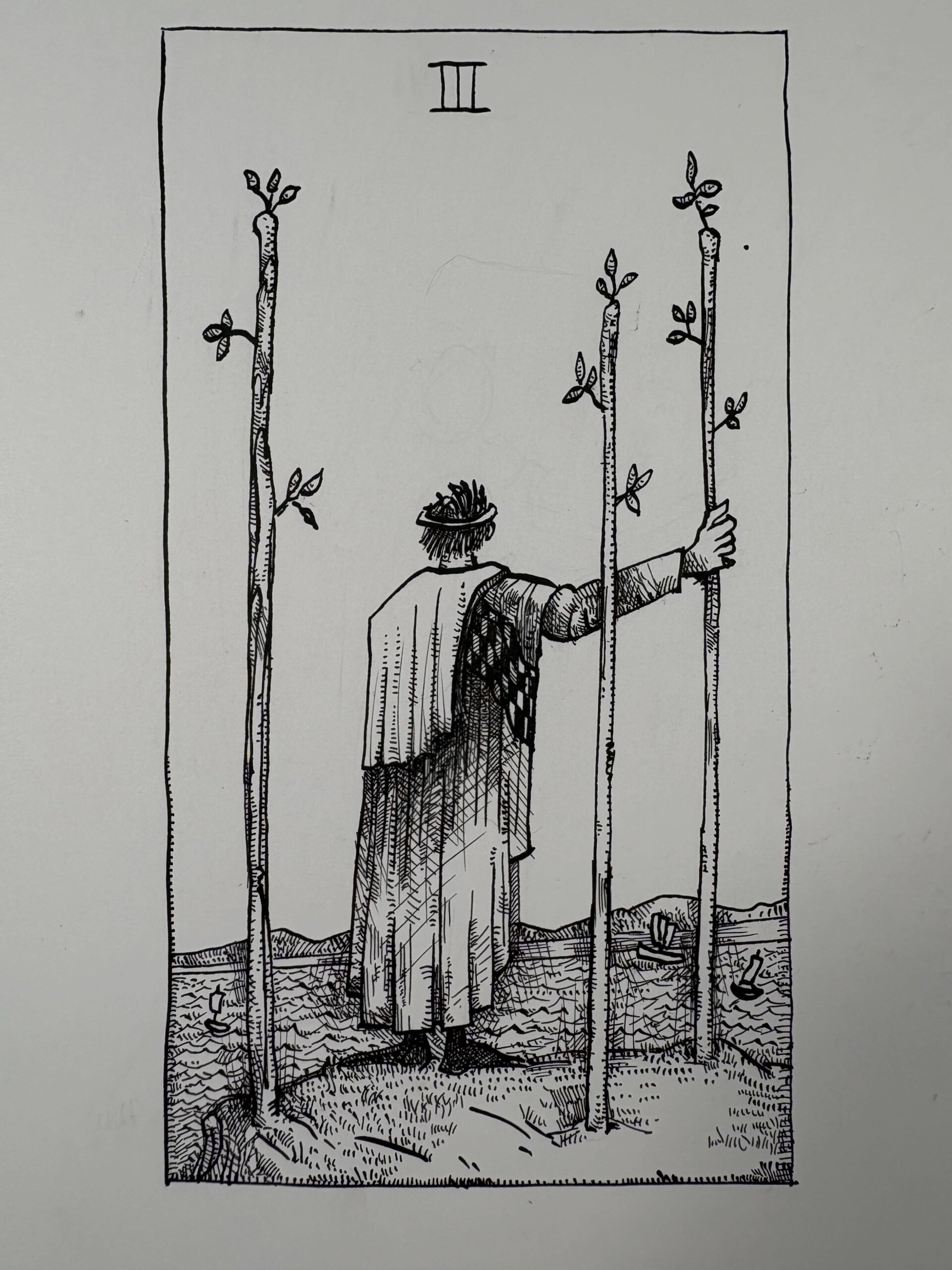 Ink drawing of a tarot card - Three of Wands