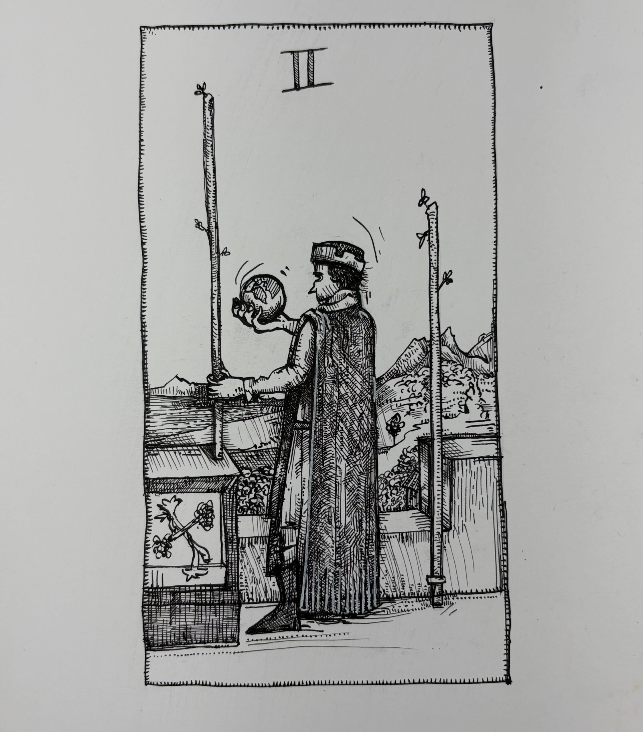 Ink drawing of a tarot card - Two of Wands