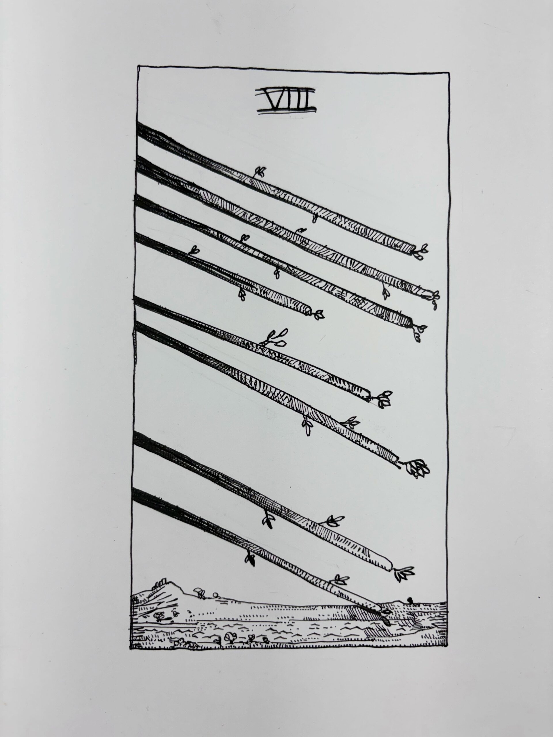 Ink drawing of a tarot card - Eight of Wands