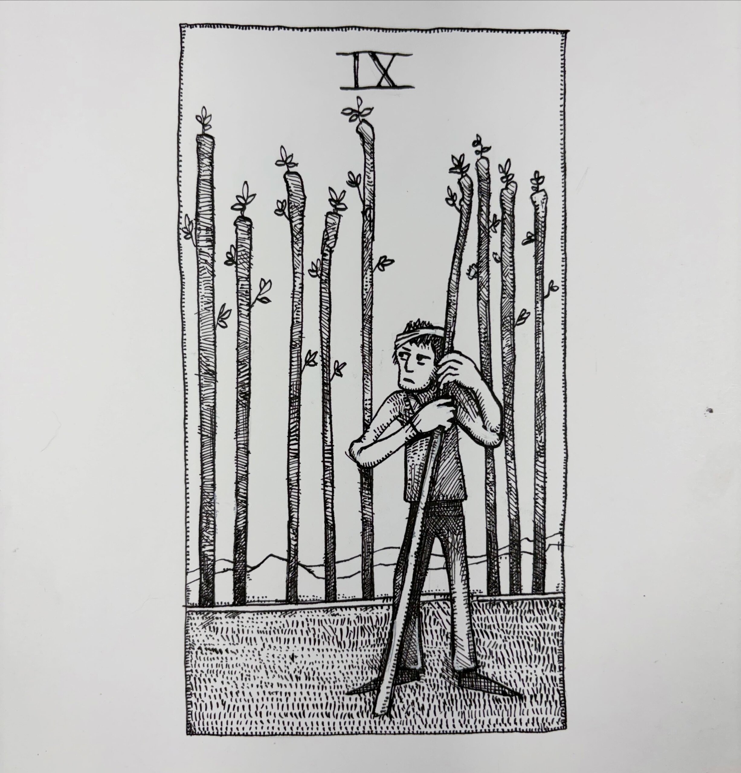 Ink drawing of a tarot card - Nine of Wands