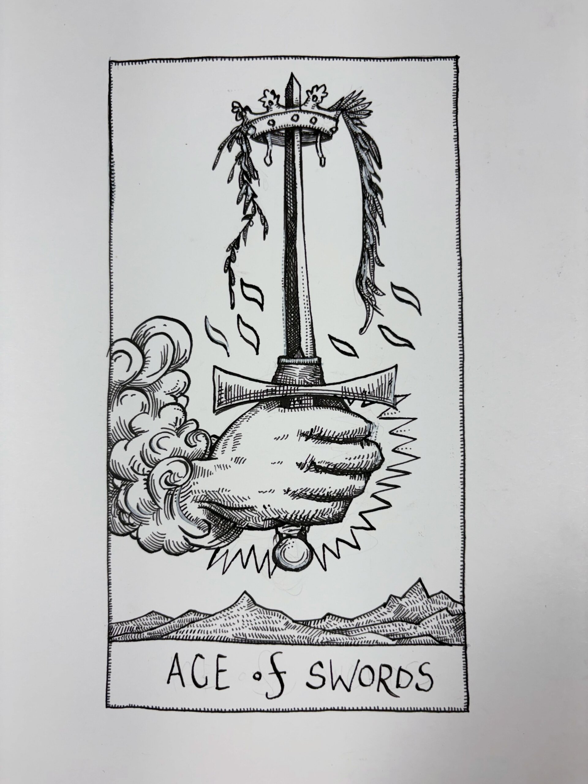 Ink drawing of a tarot card - Ace of Swords