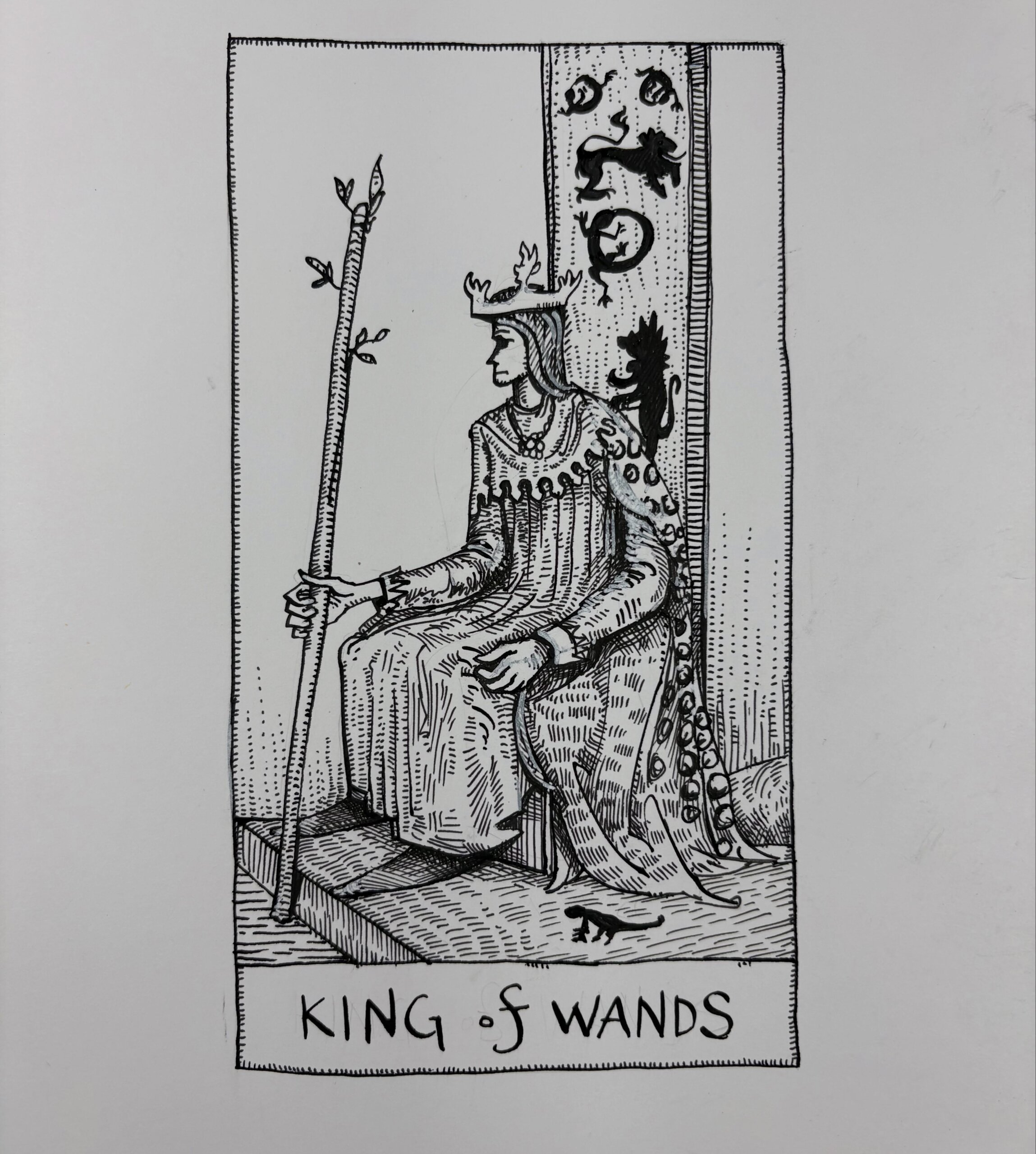 Ink drawing of a tarot card - King of Wands