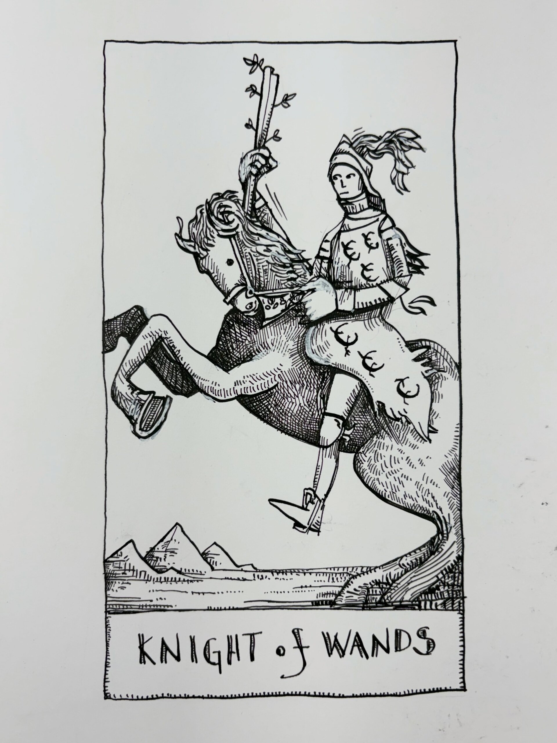 Ink drawing of a tarot card - Knight of Wands