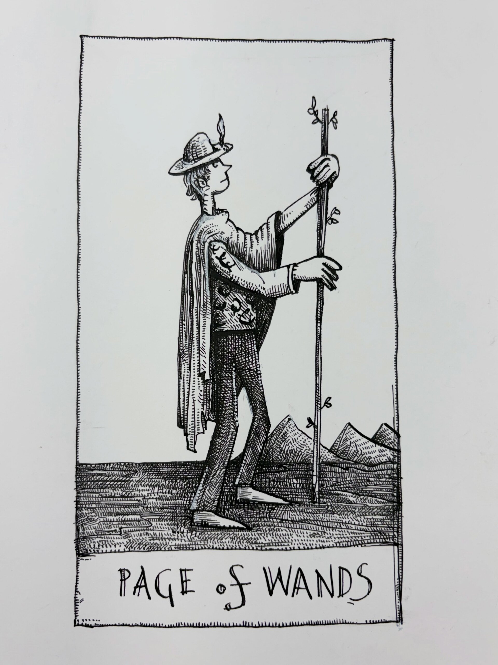 Ink drawing of a tarot card - Page of Wands