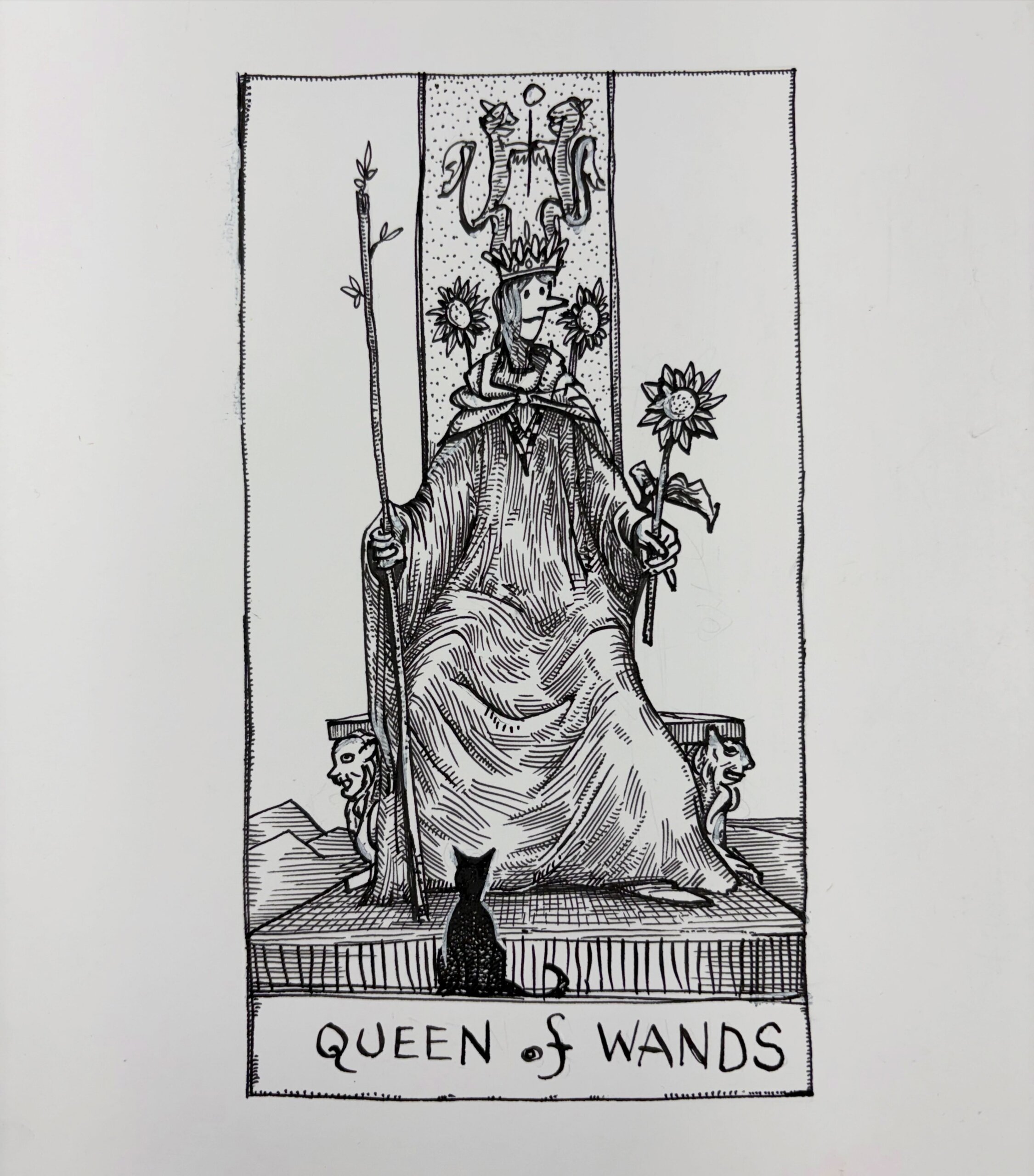 Ink drawing of a tarot card - Queen of Wands