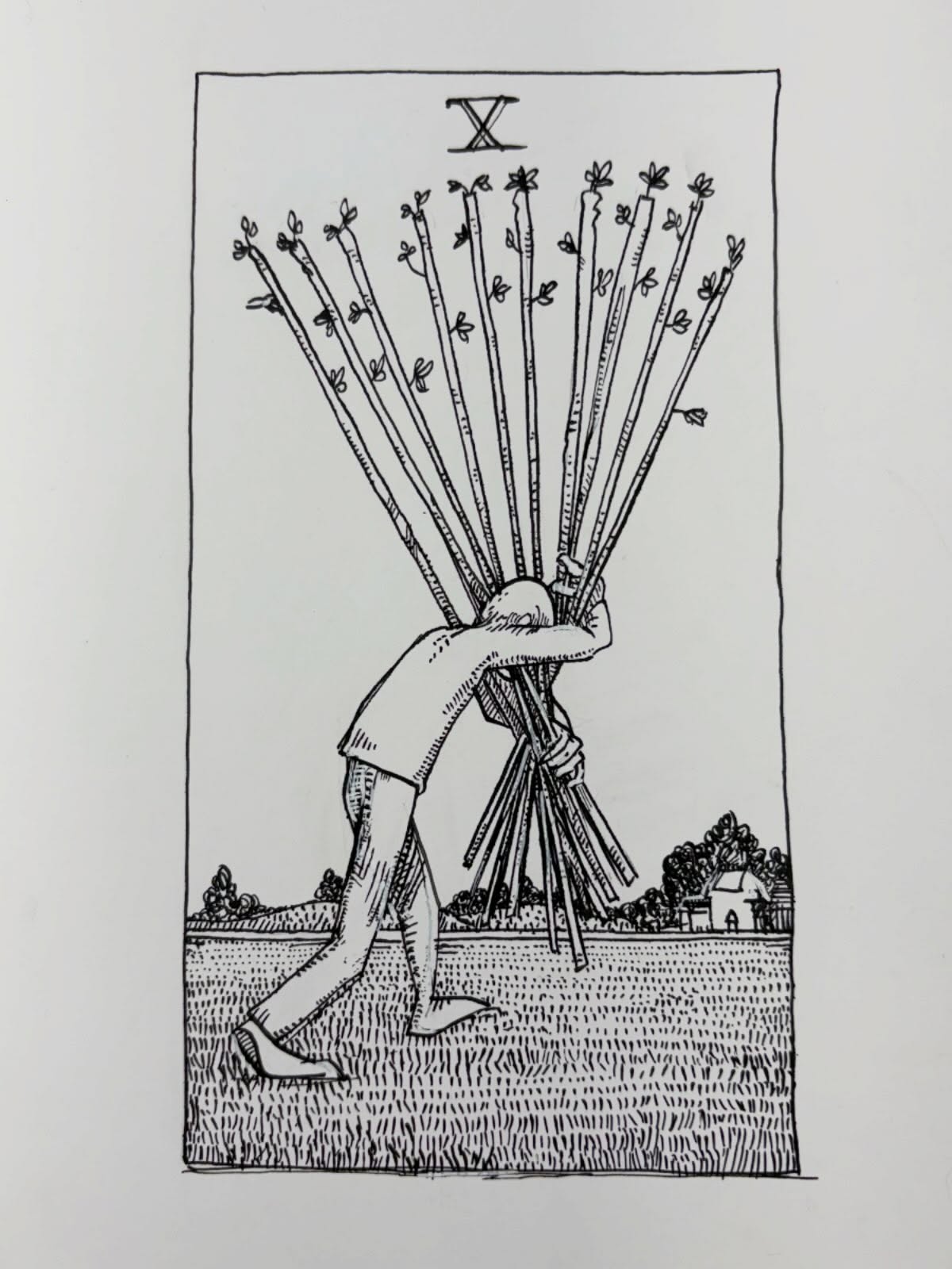 Ink drawing of a tarot card - Ten of Wands