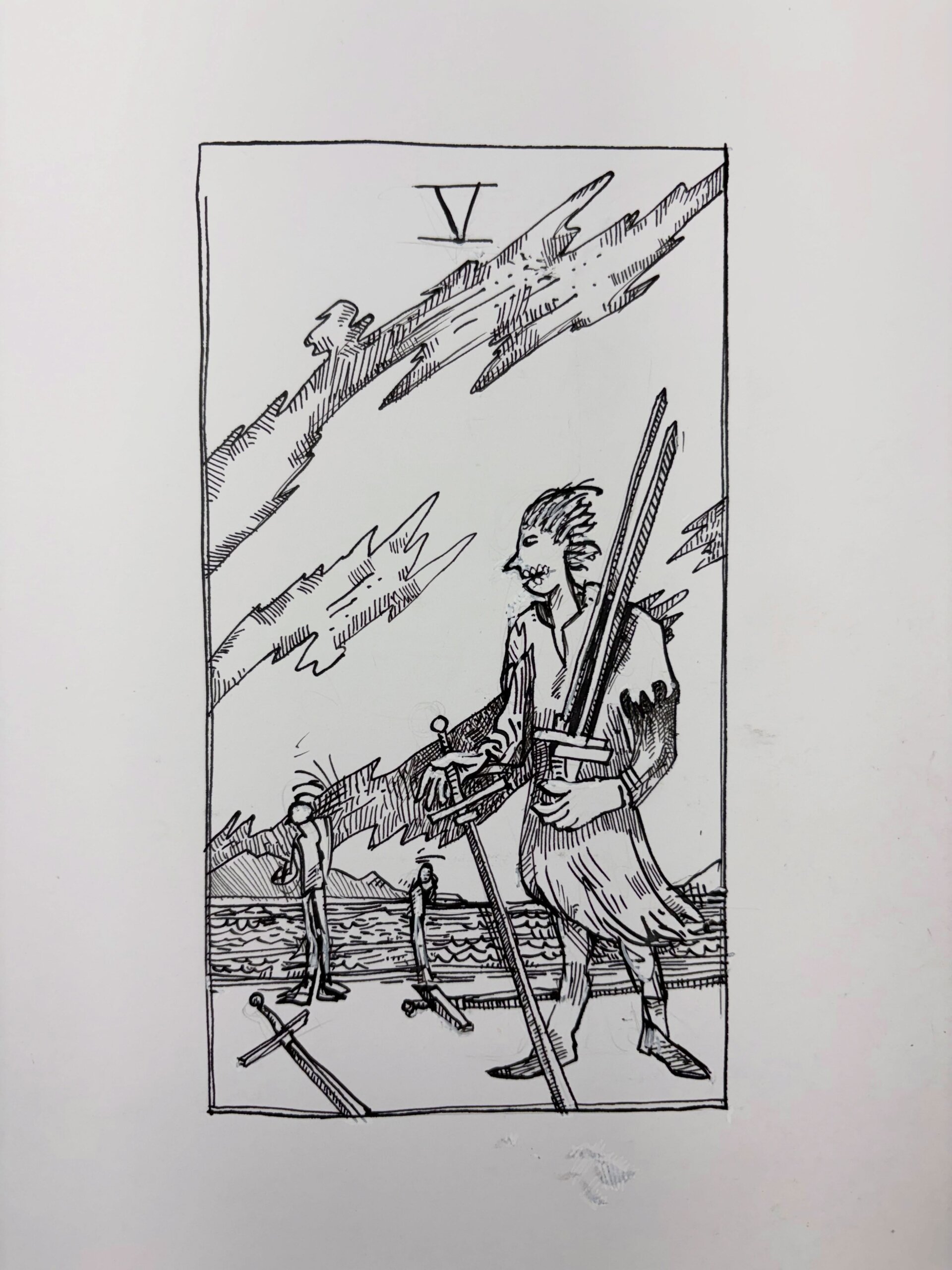 Ink drawing of a tarot card - Five of Swords