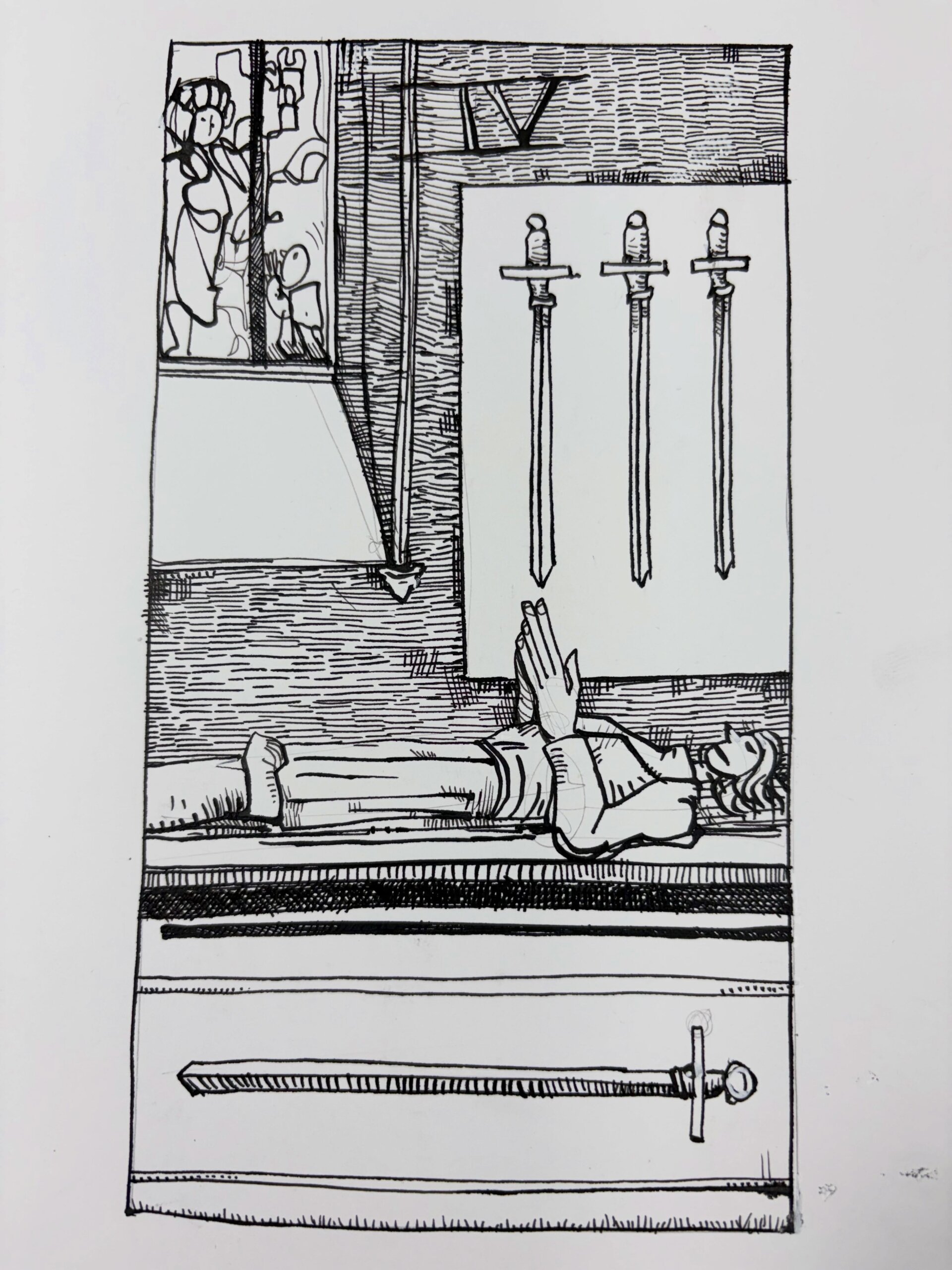 Ink drawing of a tarot card - Four of Swords