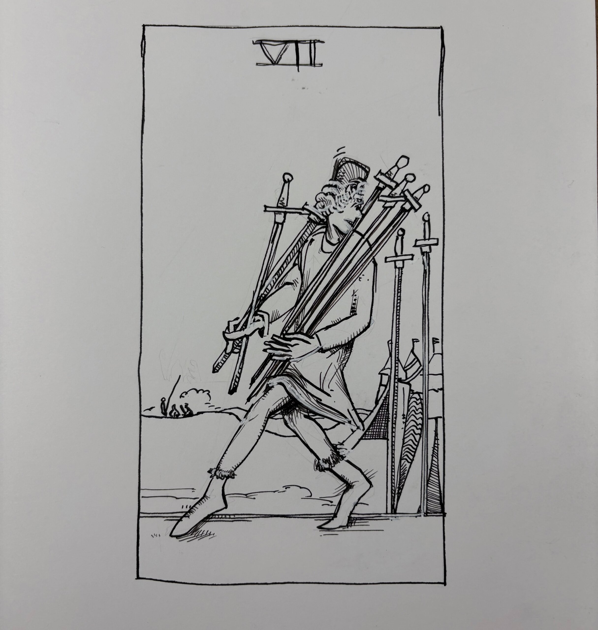 Ink drawing of a tarot card - Seven of Swords