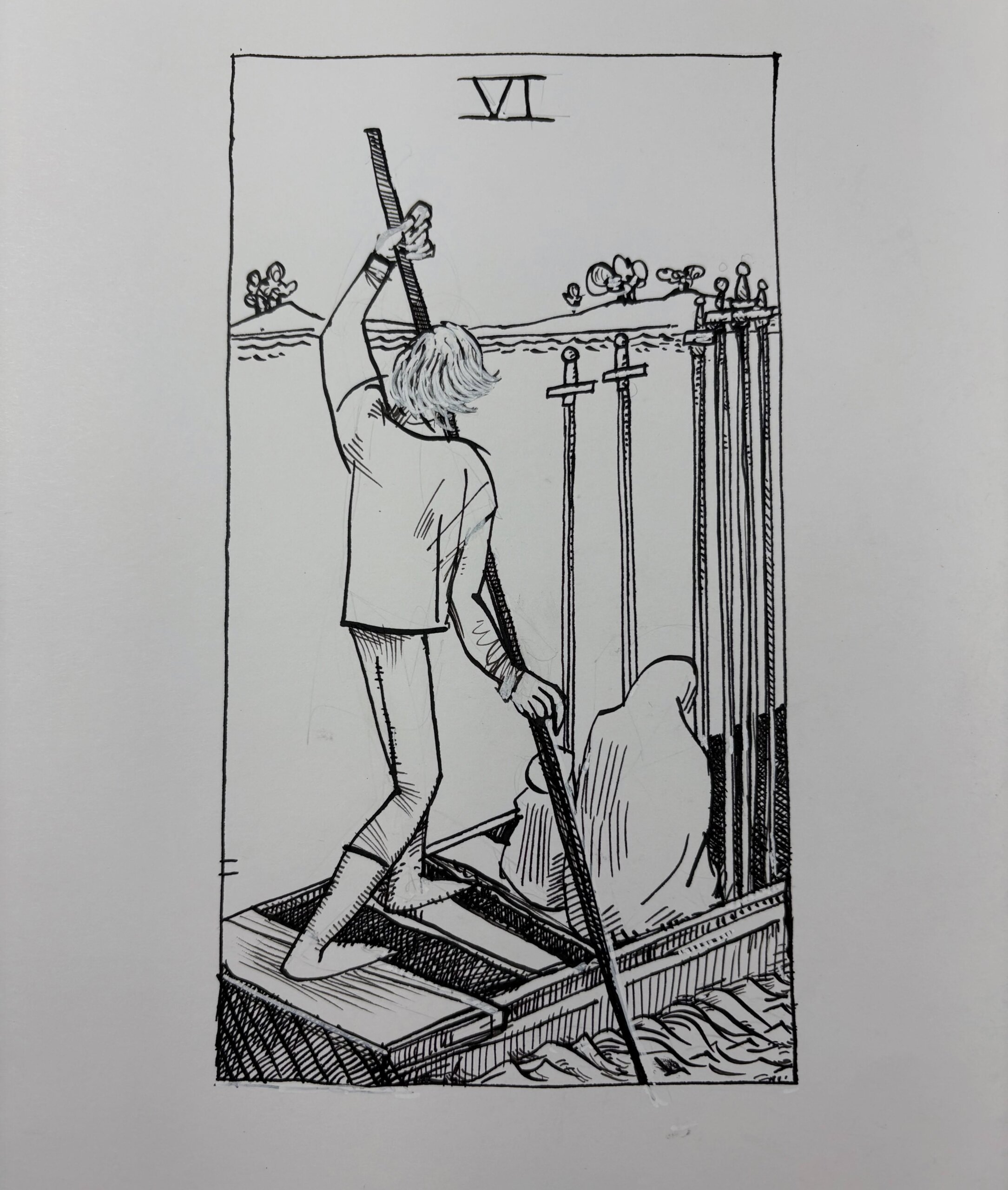 Ink drawing of a tarot card - Six of Swords