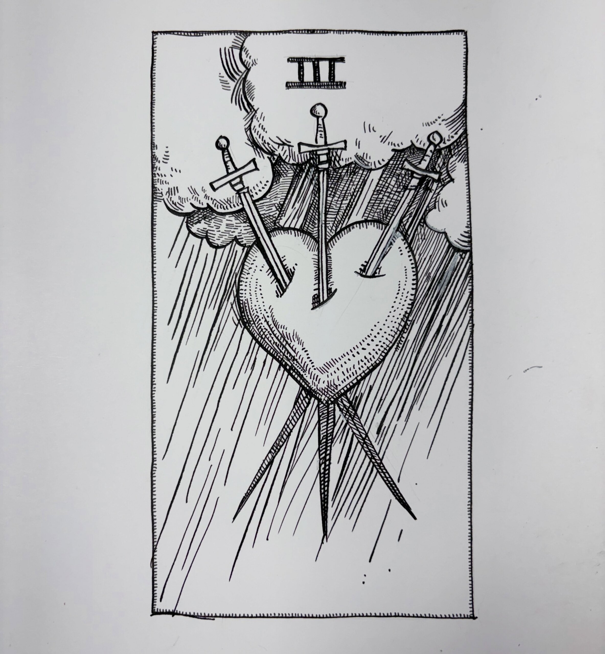 Ink drawing of a tarot card - Three of Swords