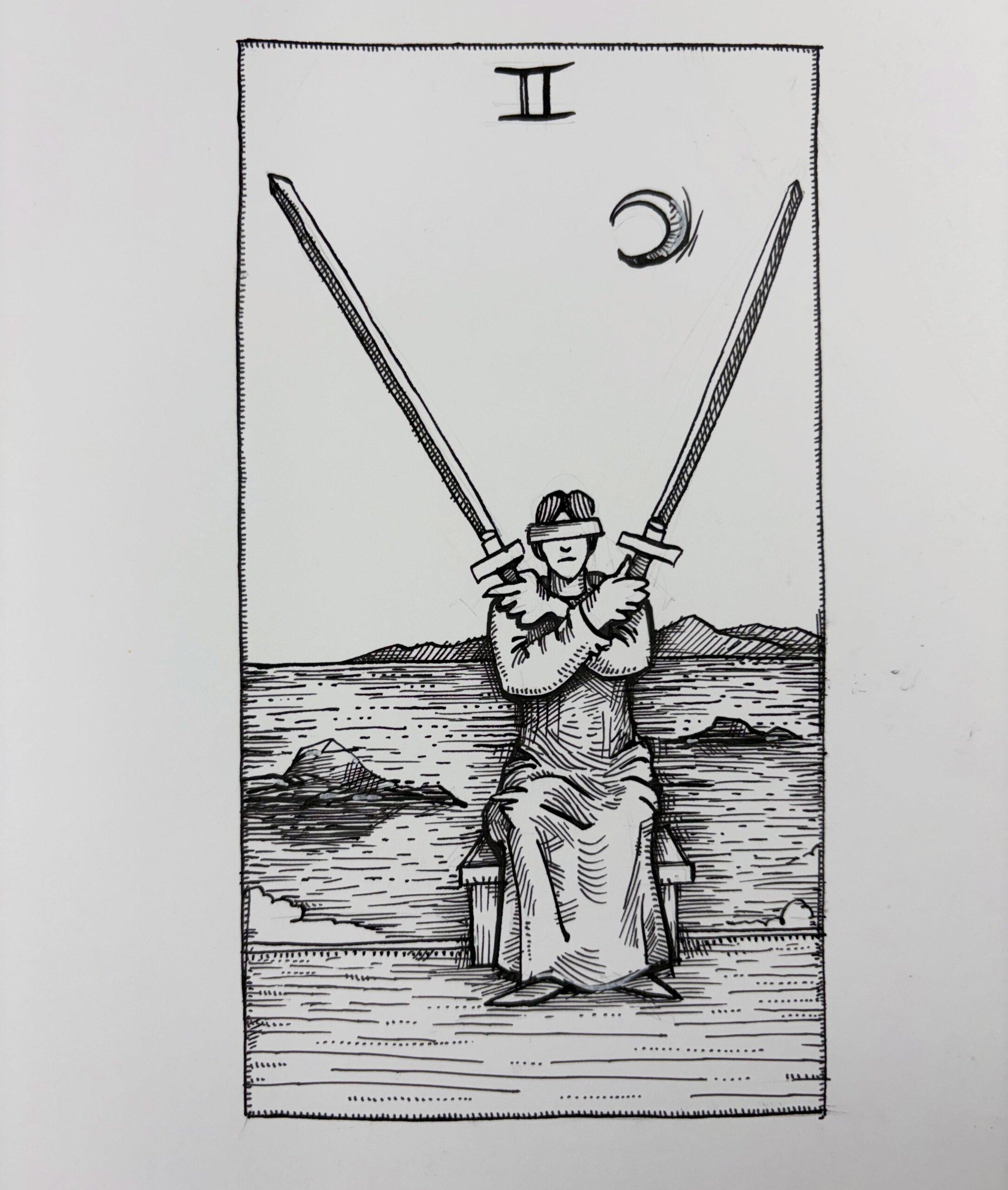 Ink drawing of a tarot card - Two of Swords