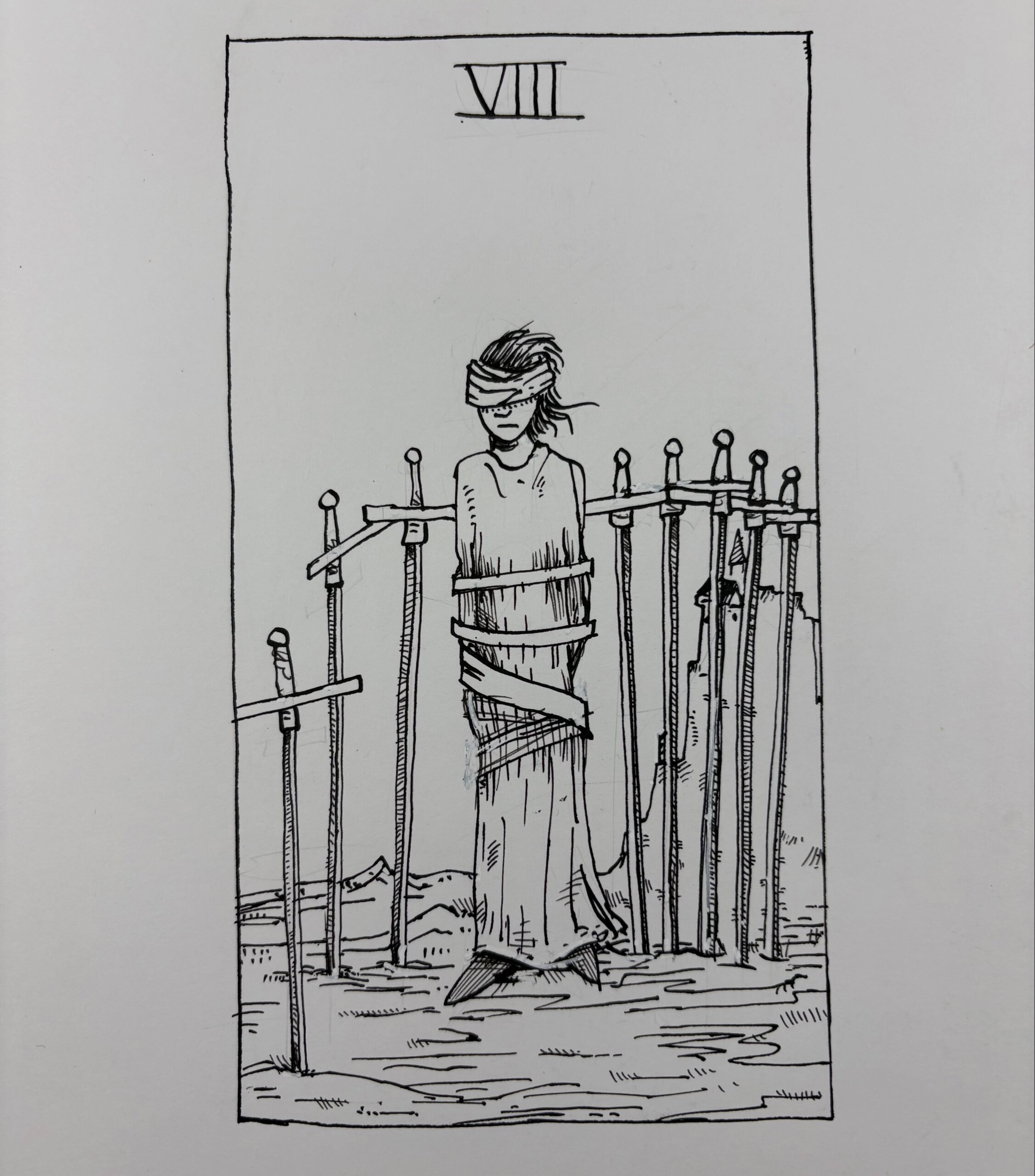 Ink drawing of a tarot card - Eight of Swords