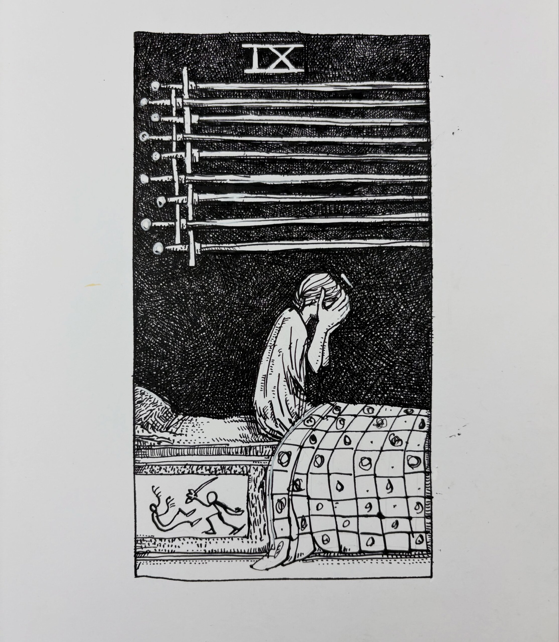 Ink drawing of a tarot card - Nine of Swords